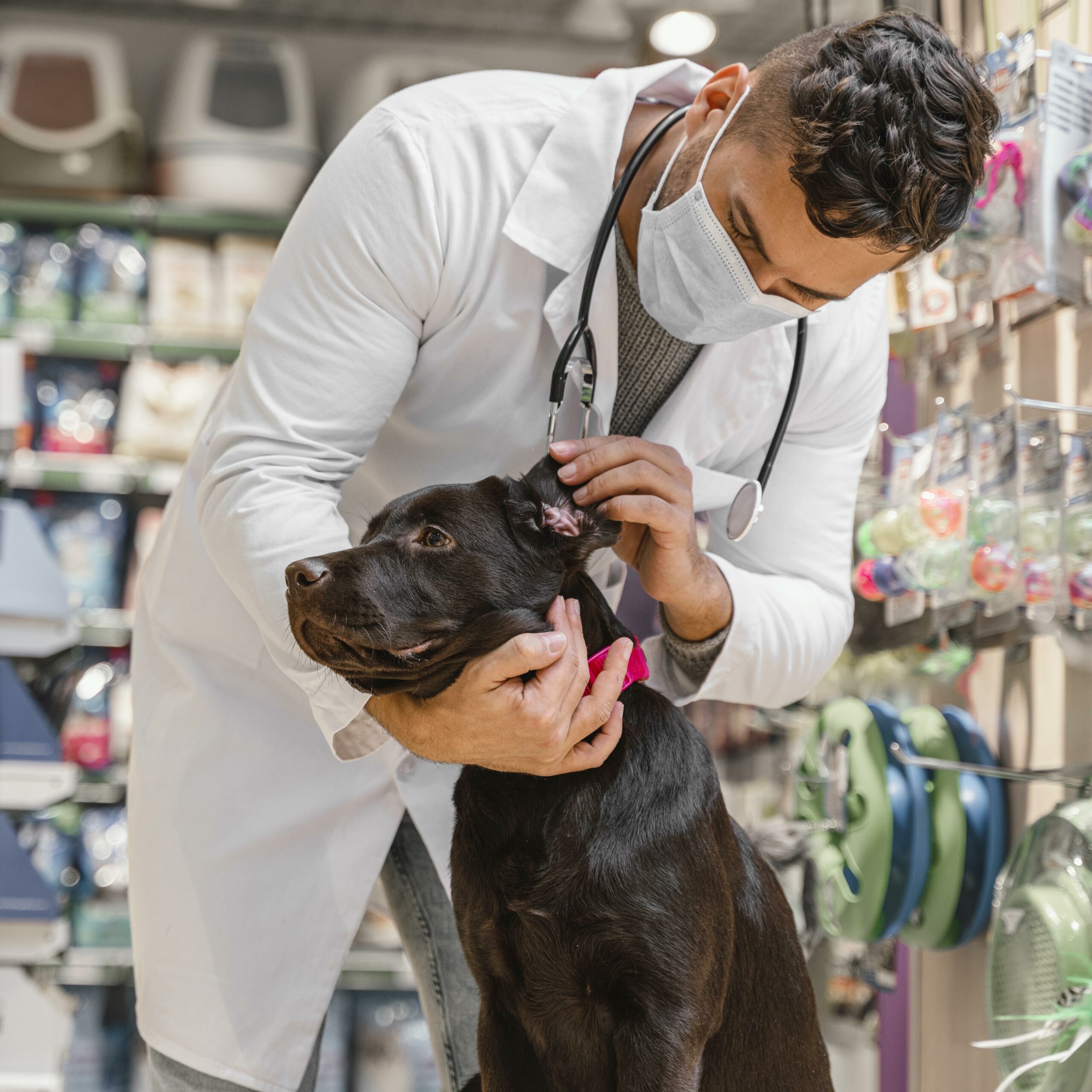 dog being checked by vet pet shop scaled Vedligeholdelse af kæledyr